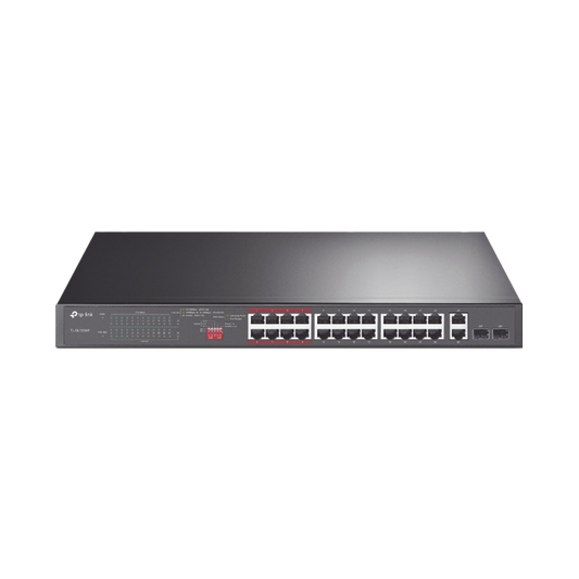 TL-SL1226P Switch No Administrable 24 Puertos PoE+ 10/100 Mbps / 2 Puertos 10/100/1000 Mbps + 2 Puertos SFP (combo) / Modo Prioridad de Tráfico / Modo Aislamiento de Red / Presupuesto PoE de 250 W / Diseño para Ideal para Vigilancia IP