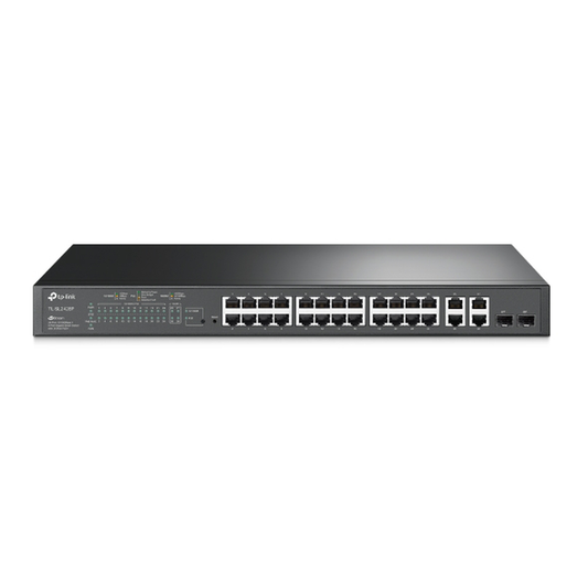 TL-SL2428P Switch PoE+ JetStream SDN Administrable 24 puertos 10/100 Mbps + 2 puertos 10/100/1000 Mbps (Uplink) + 2 puertos SFP (combo 2 RJ45 10/100/1000 Mbps), 250W, administración centralizada OMADA SDN