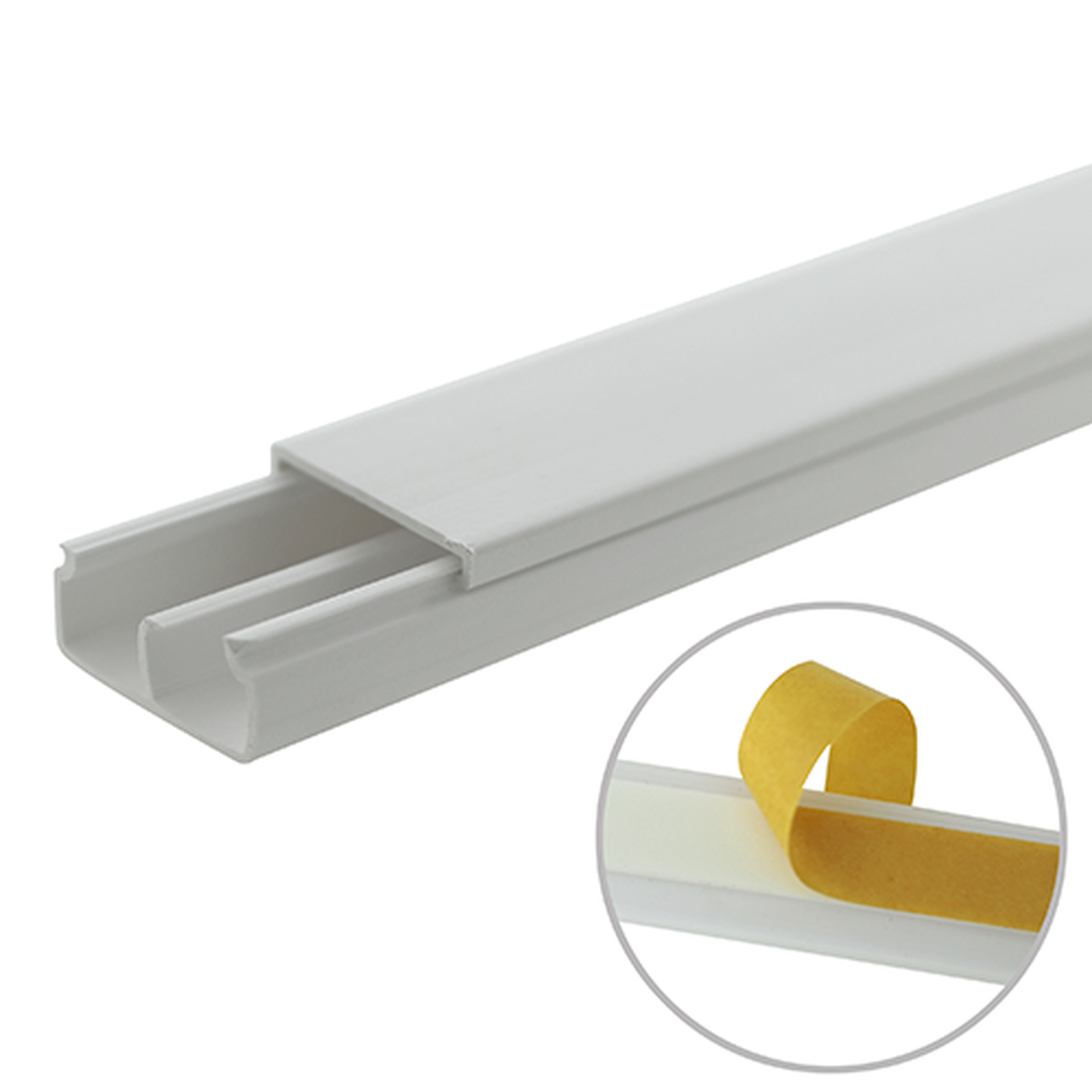 TMK-1020-CD-CC - Canaleta blanca de PVC auto extinguible, con división, 20 x 10 mm, tramo 6 pies, con cinta adhesiva (5101-21252)