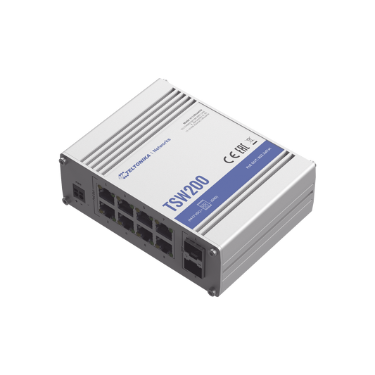 TSW200 - Switch Industrial No-Administrable 8 puertos Gigabit PoE 802.3af/at, 2 puertos SFP