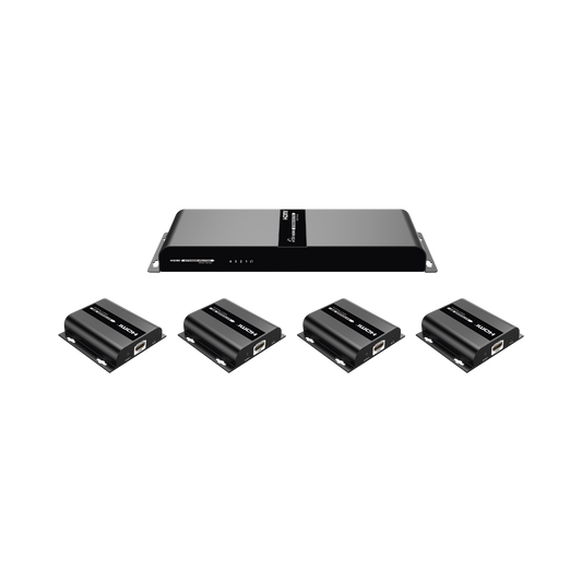 TT-314-HDBITT Kit Divisor y Extensor HDMI (Extender Splitter)  / Divide 1 Fuente HDMI a 4 Pantallas / Extiende la señal HDMI hasta 120 m / Resolución 1080P @ 60 Hz / Cat 6/6a / Soporta IR / Baja Latencia / Uso24/7 / Alimente solo el Tx (PoC).