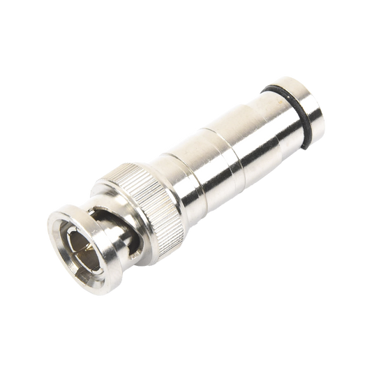 TT-RG-16 Conector BNC Macho en 75 Ohm, de Compresión Axial para Cable Coaxial RG-59/U, Níquel/ Oro/ Politetrafluoroetileno.