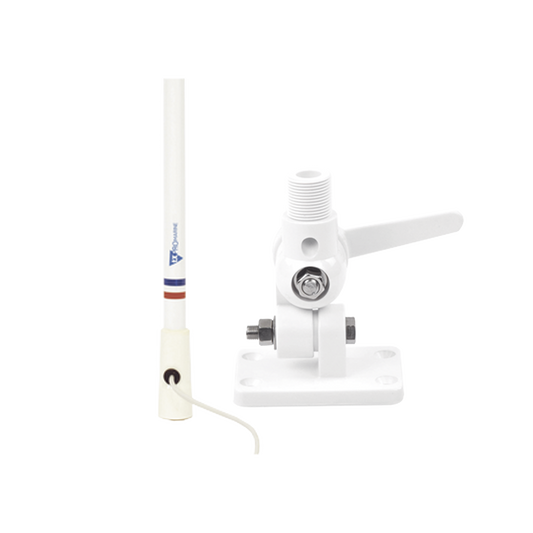 Antena marina VHF en fibra de vidrio en rango de 156 a 163 MHz, Incluye: montaje de trinquete de Nylon, 10 metros de cable y conector PL-259 macho.