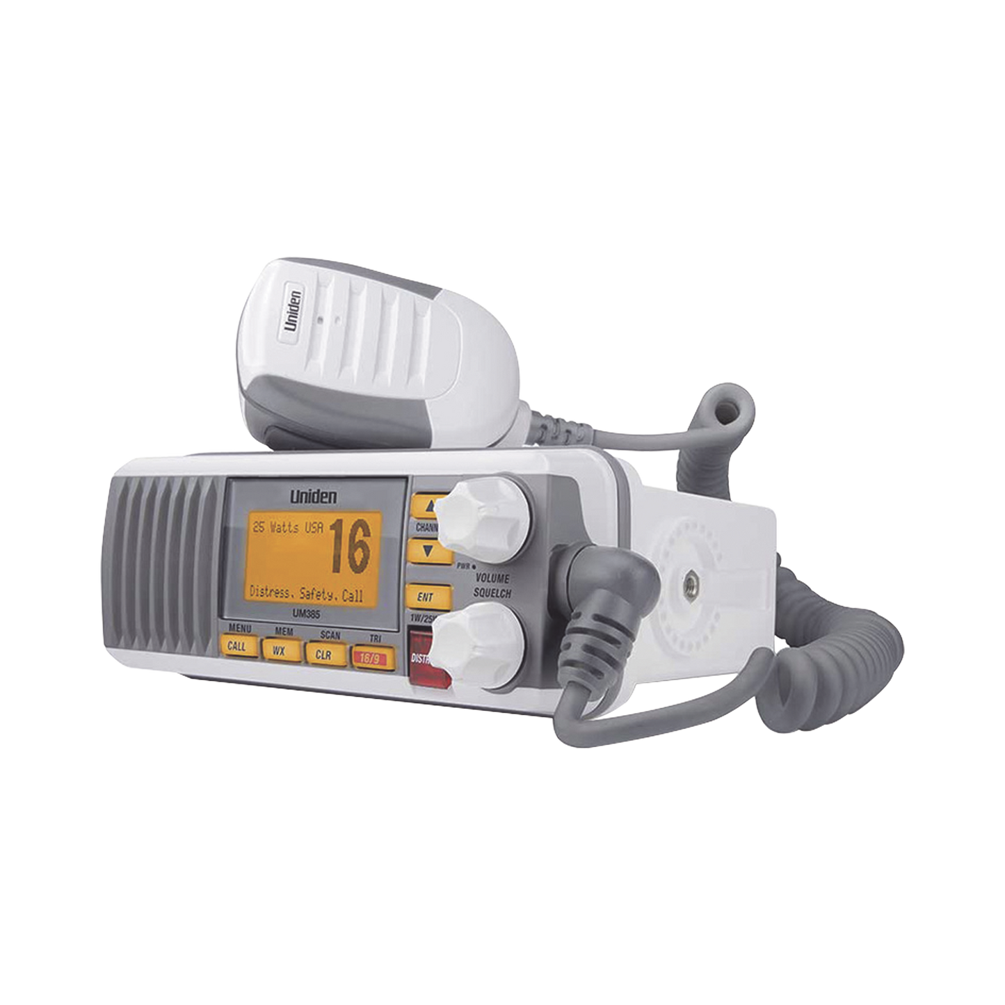 UM-385 - Radio Móvil Marino VHF, color blanco, Tx: 156.025 - 157.425 MHz, Rx: 156.050 - 163.275 MHz, 25W de potencia, sumergible IPX4 incluye micrófono y cable de alimentación