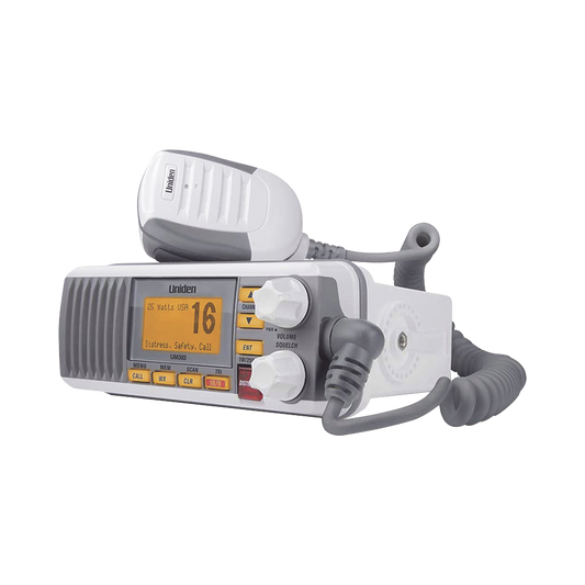 UM-385 - Radio Móvil Marino VHF, color blanco, Tx: 156.025 - 157.425 MHz, Rx: 156.050 - 163.275 MHz, 25W de potencia, sumergible IPX4 incluye micrófono y cable de alimentación