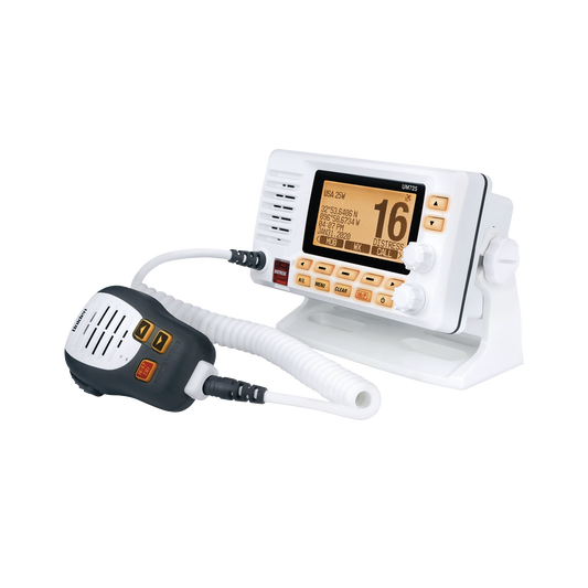 UM-725G - Radio Móvil Marino VHF, color blanco con receptor de GPS integrado, puerto de conexión NMEA 2000, 25W de potencia de RF, sumergible IPX8.