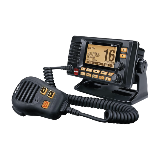 UM725GBK - Radio Móvil Marino VHF, color negro con receptor de GPS integrado, puerto de conexión NMEA 2000, 25W de potencia de RF, sumergible IPX8.