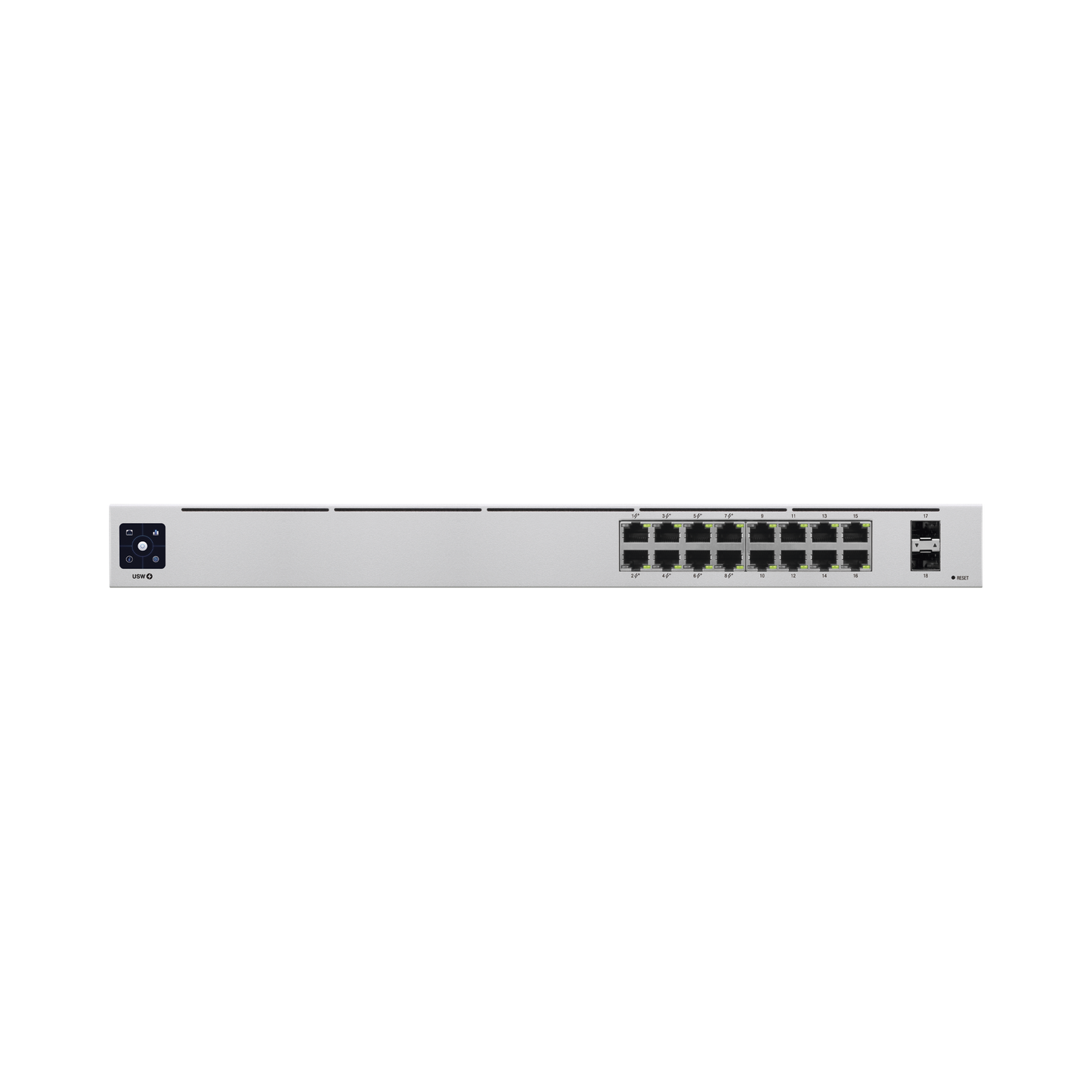 USW-16-POE UniFi Switch USW-16-POE Gen2, Capa 2 de 16 puertos (8 puertos PoE 802.3af/at + 8 puertos Gigabit) + 2 puertos 1G SFP, 42W, pantalla informativa