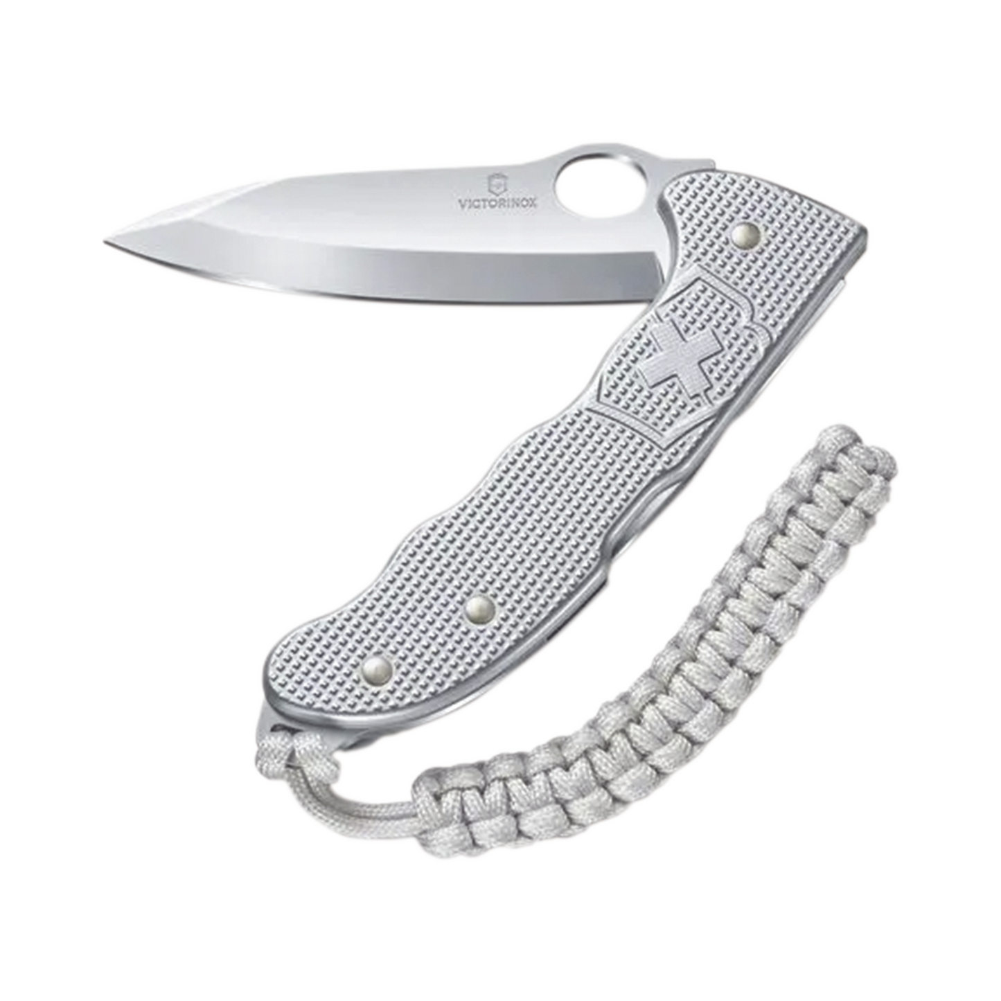 VM26 - Navaja Victorinox Hunter con Cachas Alox Acanaladas y Hoja a una Mano. Con Colgante Paracord Plateado.