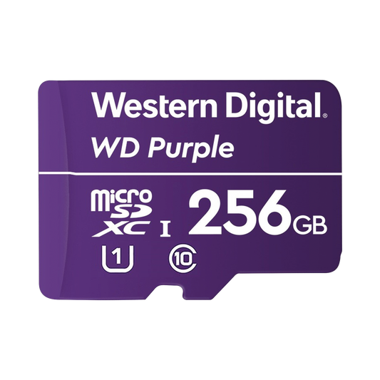 WD256MSD Memoria microSD de 256 GB PURPLE, Especializada Para Videovigilancia, 10 VECES MAYOR DURACIÓN, 3 AÑOS DE GARANTIA