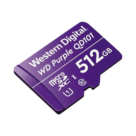 WD512MSD Memoria microSD de 512 GB PURPLE, Especializada Para Videovigilancia, 10 VECES MAYOR DURACIÓN, 3 AÑOS DE GARANTIA
