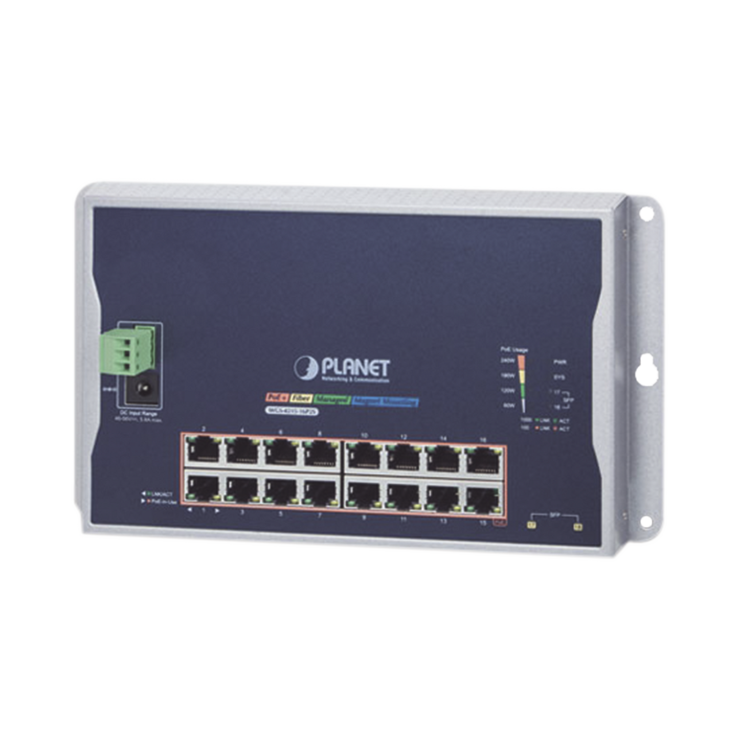 WGS-4215-16P2S Switch Industrial Administrable Capa 2 de Pared,16 Puertos PoE 802.3at Gigabit y 2 Puertos SFP