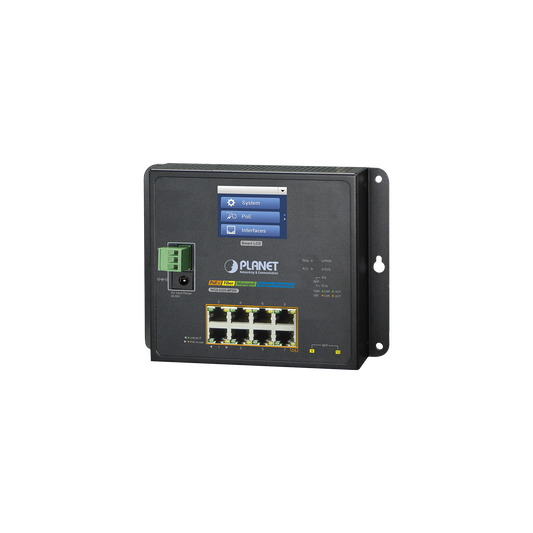 WGS-5225-8P2SV Switch Industrial Flat-Type 8 Puertos Gigabit C/PoE 802.3at, 2 Puertos SFP, LCD