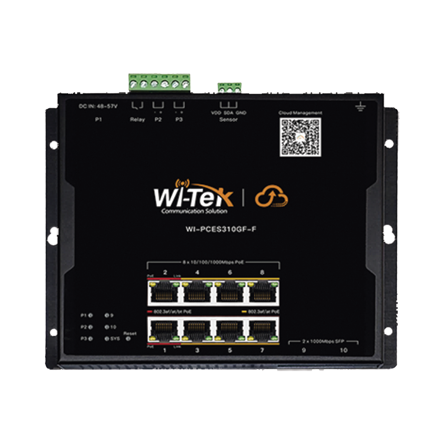 WI-PCES310GF-F - Switch L2 PoE Industrial / Administración Cloud Gratuita / 8 Puertos PoE af/at/bt 10/100/1000 Mbps / 2 Puertos SFP Gigabit / Máx Presupuesto PoE 145 W / Montaje Magnético - Riel DIN.