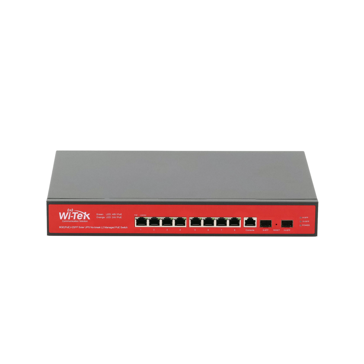 WI-PMS310GF-UPS-PLUS Switch Administrable Capa 2 de 8 puertos 10/100/1000 PoEaf/at + 2 x SFP Gigabit, con respaldo para energía solar