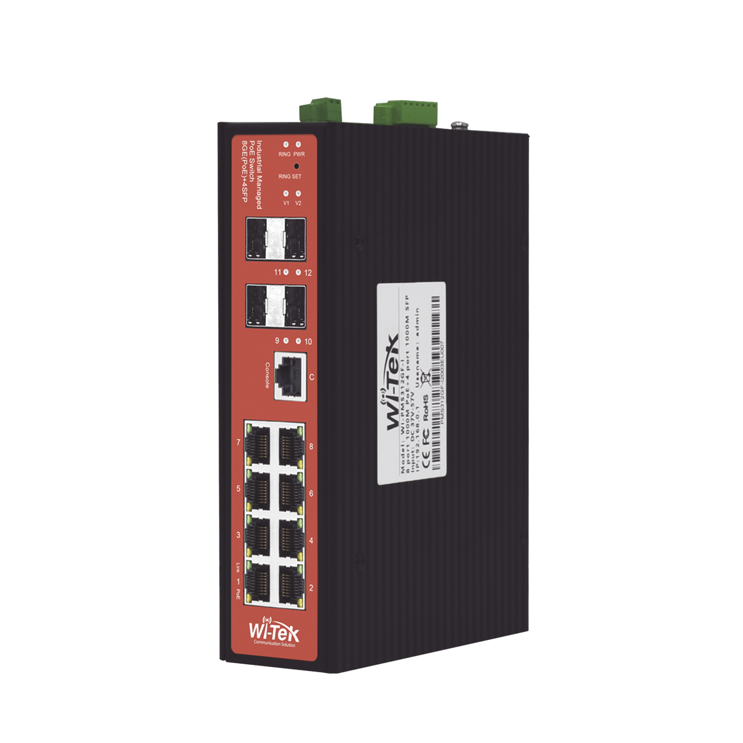 WIPMS312GFIV2 - Switch Industrial administrable PoE, puerto 1-2 PoE 24/48. puertos 3-8 puertos 802.3 af/at/bt, hasta 60 W