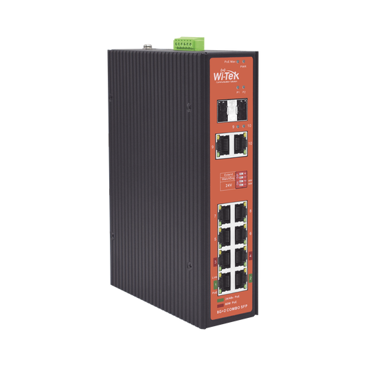 WI-PS310GF-I-V2 Switch PoE Industrial No administrable / Puertos 1-2 PoE 802.3 af/at y PoE 24 Vcc Pasivo 30W / Puertos 2-4 PoE 802.3 af/at/bt Hasta 60W / Puertos 5-8 PoE 802.3 af/at Hasta 30W / Los 8 puertos son Gigabit + 2 SFP combo / Presupuesto 300W