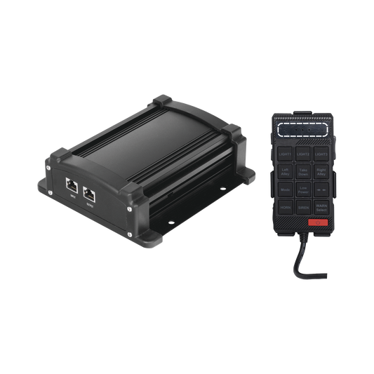 X100F - Sirena Vehicular de 100W de Potencia Con Controlador Unimando, Micrófono, Control de Tonos y Patrones de destello de Barras de Luces Serie X67 / X75