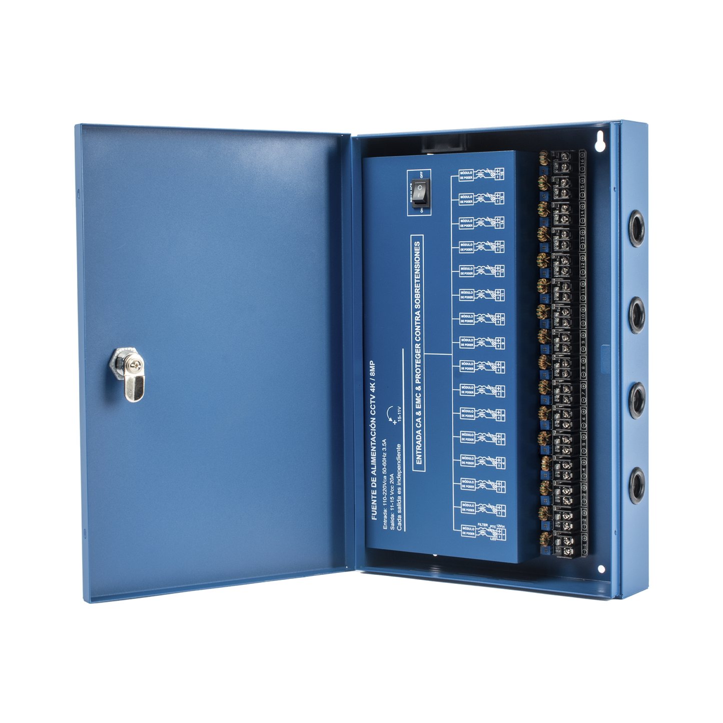 XP-16DC-20-4KV Fuente de Poder Profesional HEAVY DUTY @ 20 Amperes / 16 Canales / Hasta 1.25A por Salida / Ajuste Independiente de 11 a 15 Vcc por Salida / Protección Contra Sobrecargas / Filtro de Ruido Especial para Cámaras 4K.