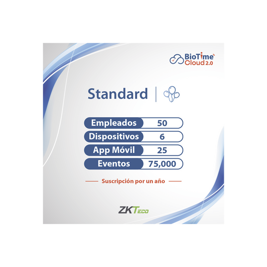 ZKT0820132 LICENCIA STANDART BIOTIME CLOUD 2.0  / 50 USUARIOS / 6 DISPOSITIVOS (Licencia Anual)