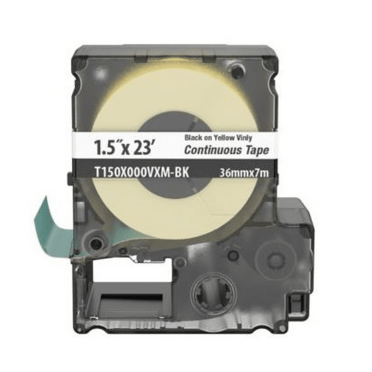 T150X000VXM-BK - Casete de Etiquetas de Vinilo de Cinta Continua, Color Negro Sobre Amarillo, Uso Interior/Exterior, 36 mm de Ancho x 7 Metros (22.97 Pies) de Largo