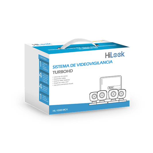 HL-1080-MC4 - KIT TurboHD 1080p / DVR 4 canales / 4 Cámaras Bala de Metal / H.265+ / 1 Fuente de Poder Profesional / Accesorios de Instalación