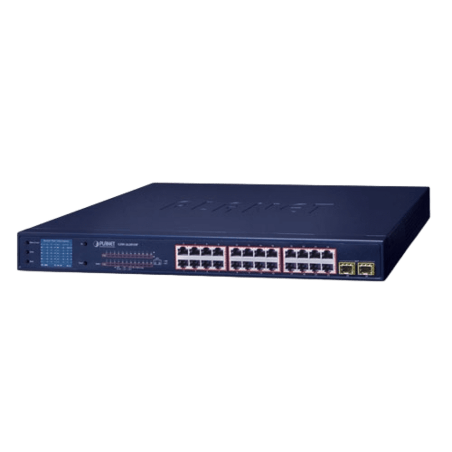 GSW-2620VHP - Switch PoE de 24 Puertos Gigabit 802.3af/at con Modo Extendido 250 m, 2 Puertos SFP 1000SX , Pantalla LCD para Configuración Básica, Hasta 300 W para PoE