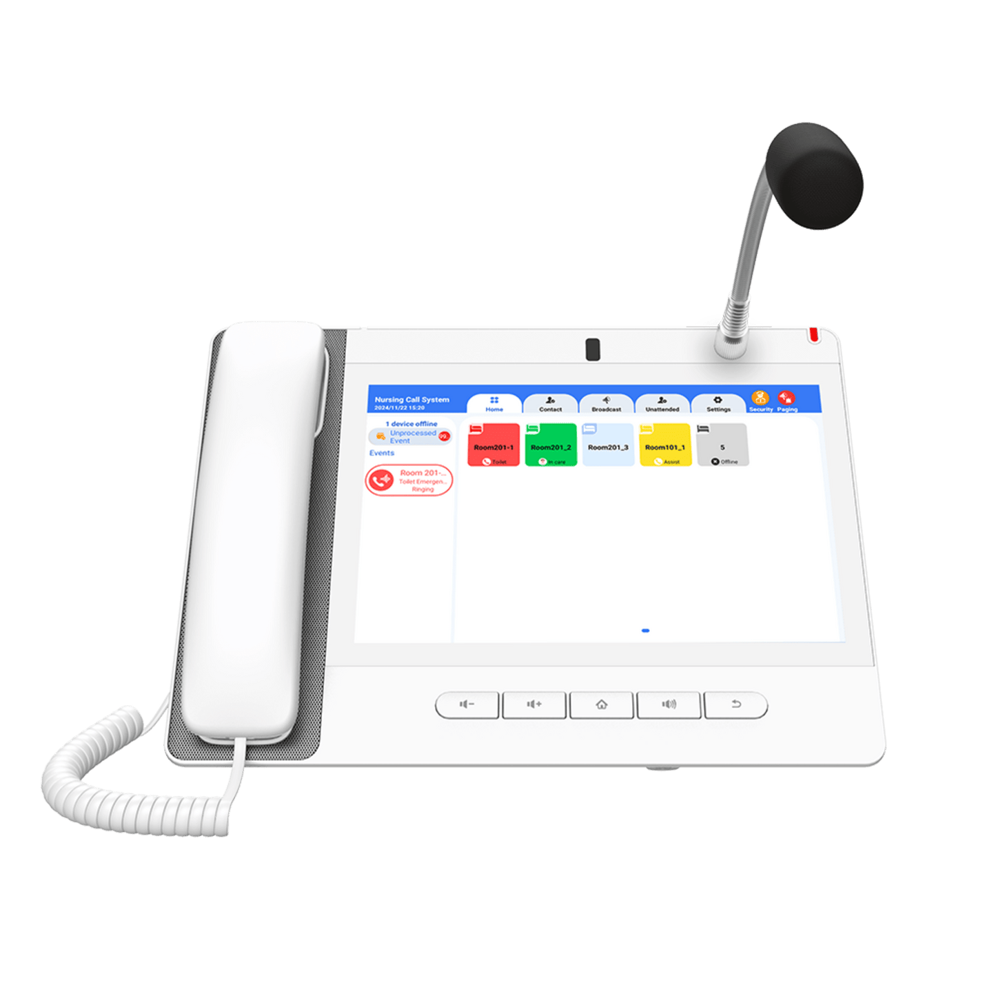 A320IW - Teléfono IP Color Blanco Android 9.0 Empresarial para voceo 20 líneas SIP, pantalla táctil, Wi-Fi y Bluetooth, PoE, Voceo/ Musica por Multicast, puertos Gigabit, Sofware de Enfermeria