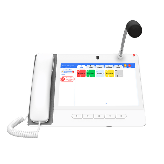 A320IW - Teléfono IP Color Blanco Android 9.0 Empresarial para voceo 20 líneas SIP, pantalla táctil, Wi-Fi y Bluetooth, PoE, Voceo/ Musica por Multicast, puertos Gigabit, Sofware de Enfermeria