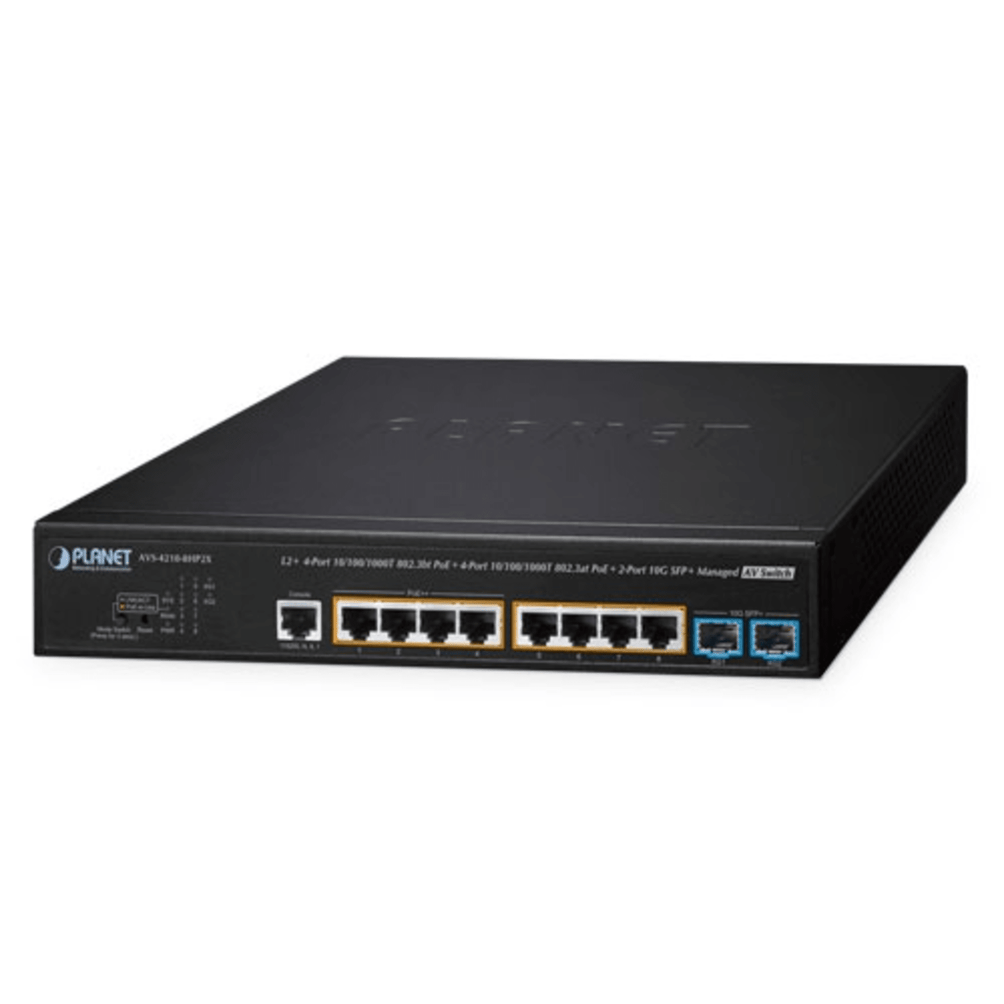 AVS-4210-8HP2X - Switch AV Administrable Capa 2/ Compatible con Dante / 4 Puertos Gigabit PoE++ 802.3bt 95W + 4 Puertos Gigabit PoE+ 802.3at 32W + 2 Puertos 10G SFP+ / Presupuesto PoE 240W / Dual UI Pro AV y Standard / Compatibilidad Dante y NDI / Fanl...