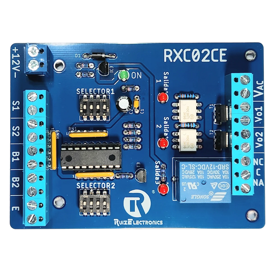RXC02CE - Controlador de Esclusas 2 Puertas / Alimentación 12VDC / Temporizadores Programables 0-30 seg / Entradas NC y NA / Salidas de Pulso 2 seg / Función Emergencia