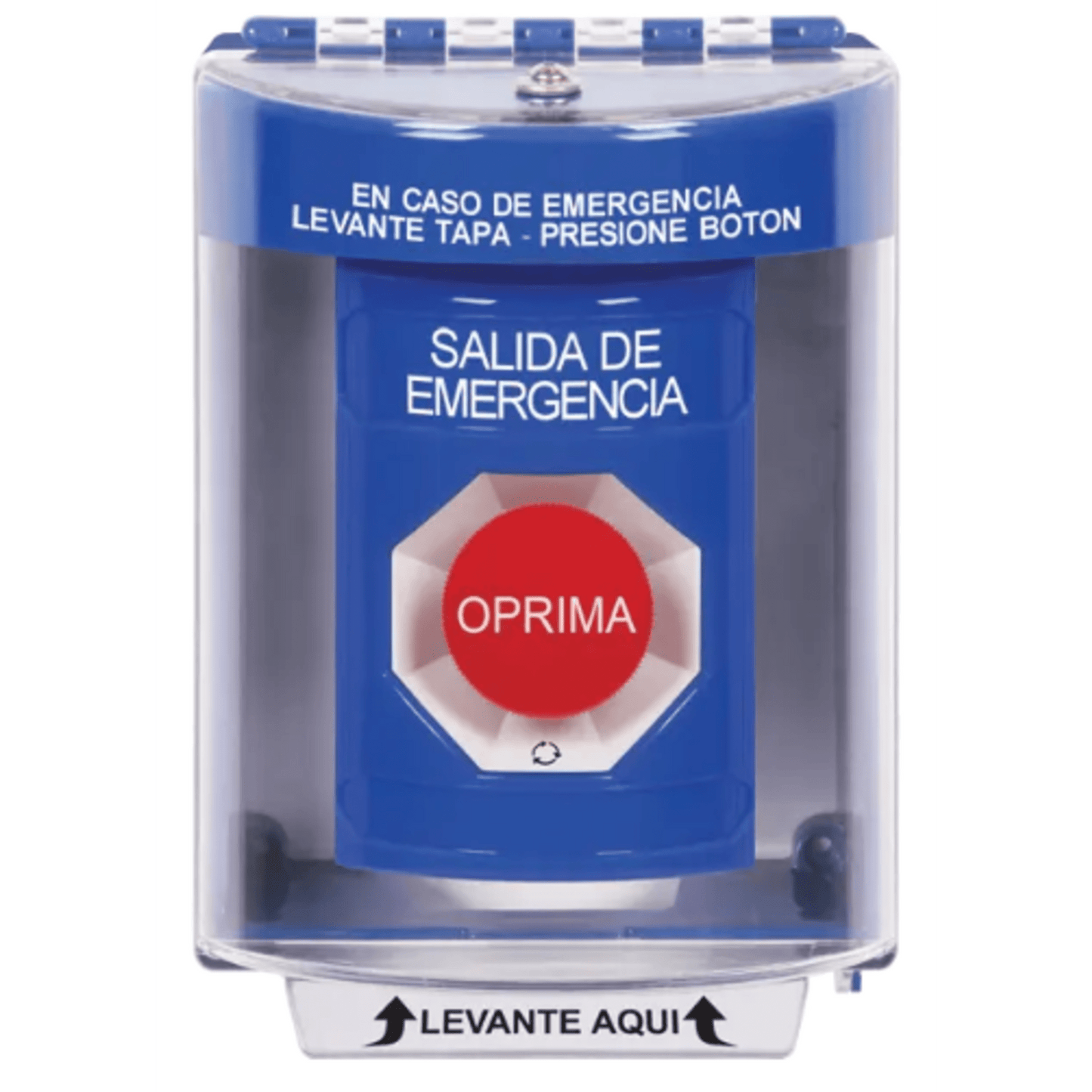 SS2471EX-ES - Botón Multipropósito, Color Azul, De Superficie, Con Tapa De Policarbonato, Sin Bocina, Para Interior/Exterior, Llave Para Restablecer, Texto Salida De Emergencia, Español