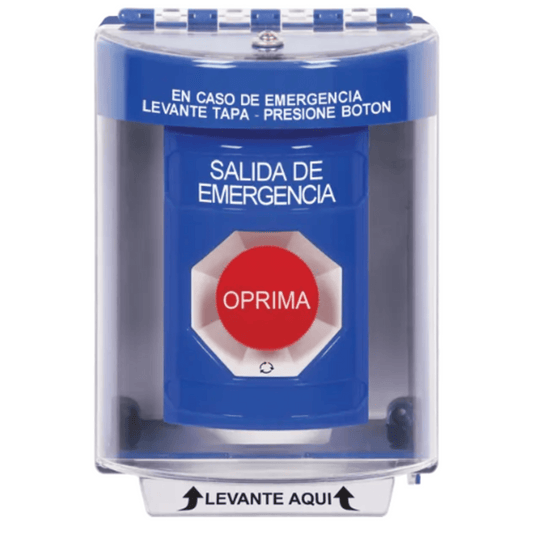 SS2471EX-ES - Botón Multipropósito, Color Azul, De Superficie, Con Tapa De Policarbonato, Sin Bocina, Para Interior/Exterior, Llave Para Restablecer, Texto Salida De Emergencia, Español