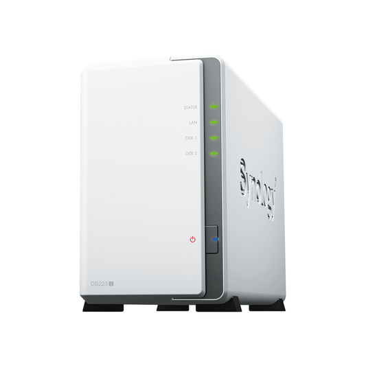 DS223J - NAS DiskStation DS223j | 2 Bahías | CPU Realtek RTD1619B 1.7 GHz | 1 GB DDR4 | Puerto 1GbE RJ-45 | USB 3.2 Gen 1 | Compatible con HDD y SSD | Synology DSM | RAID 0, 1, JBOD | SMB, AFP, NFS, FTP | Vigilancia IP