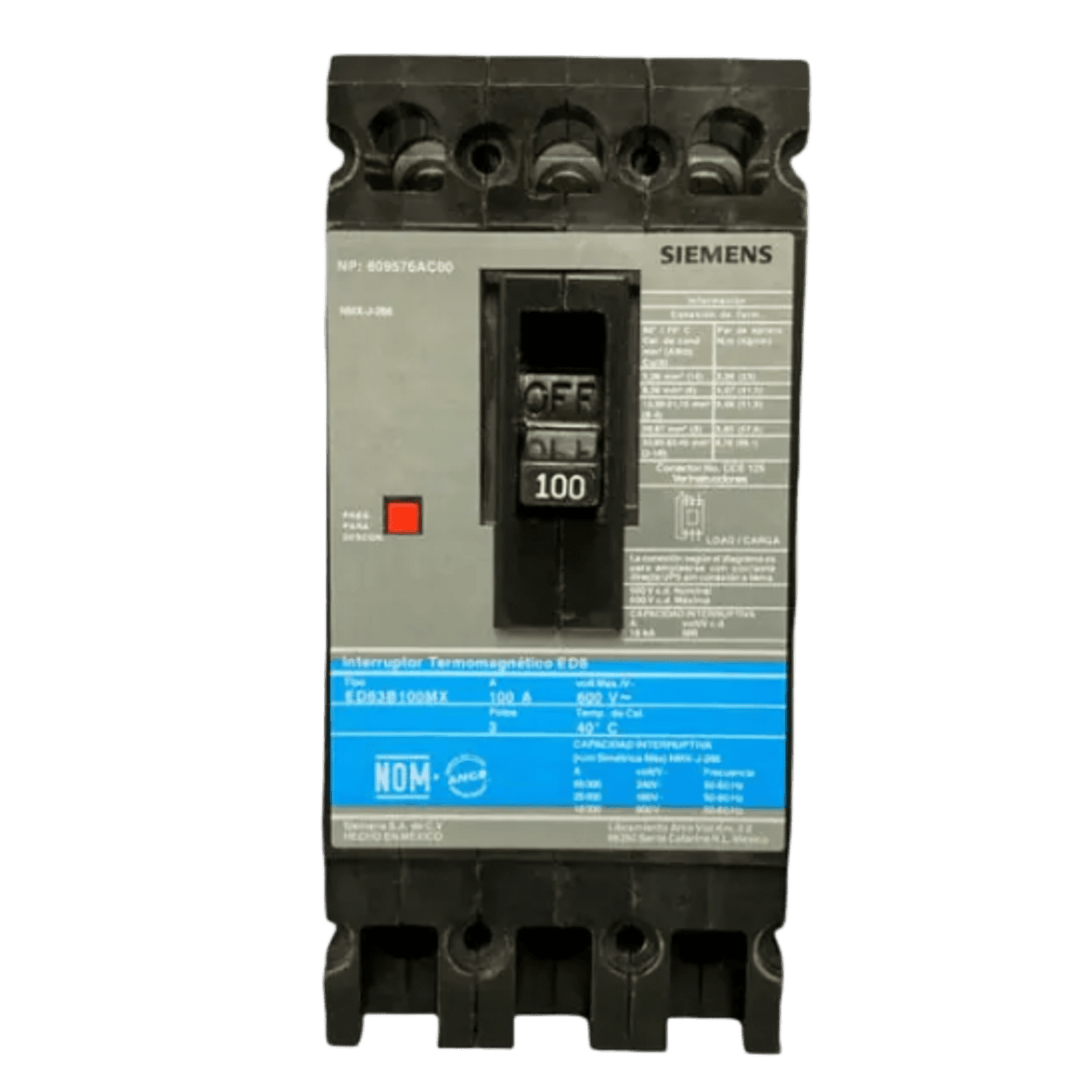 ED63B100MX - Interruptor Termomagnético ED6 600V 3X100A, Sin zapatas principales.