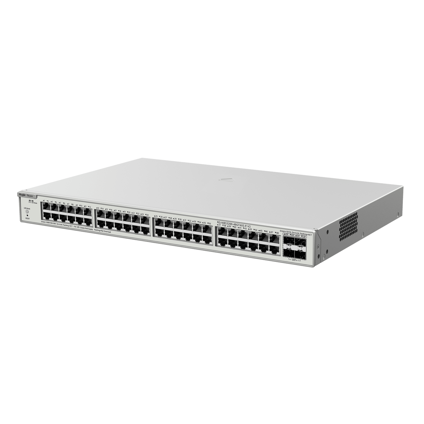 RG-NBS3200-48GT4XS-P-V2 - Switch Administrable PoE Capa 2+ Plus, con 48 puertos Gigabit PoE 802.3af/at + 4 SFP+ para fibra 10Gb, gestión gratuita desde la nube, 370w