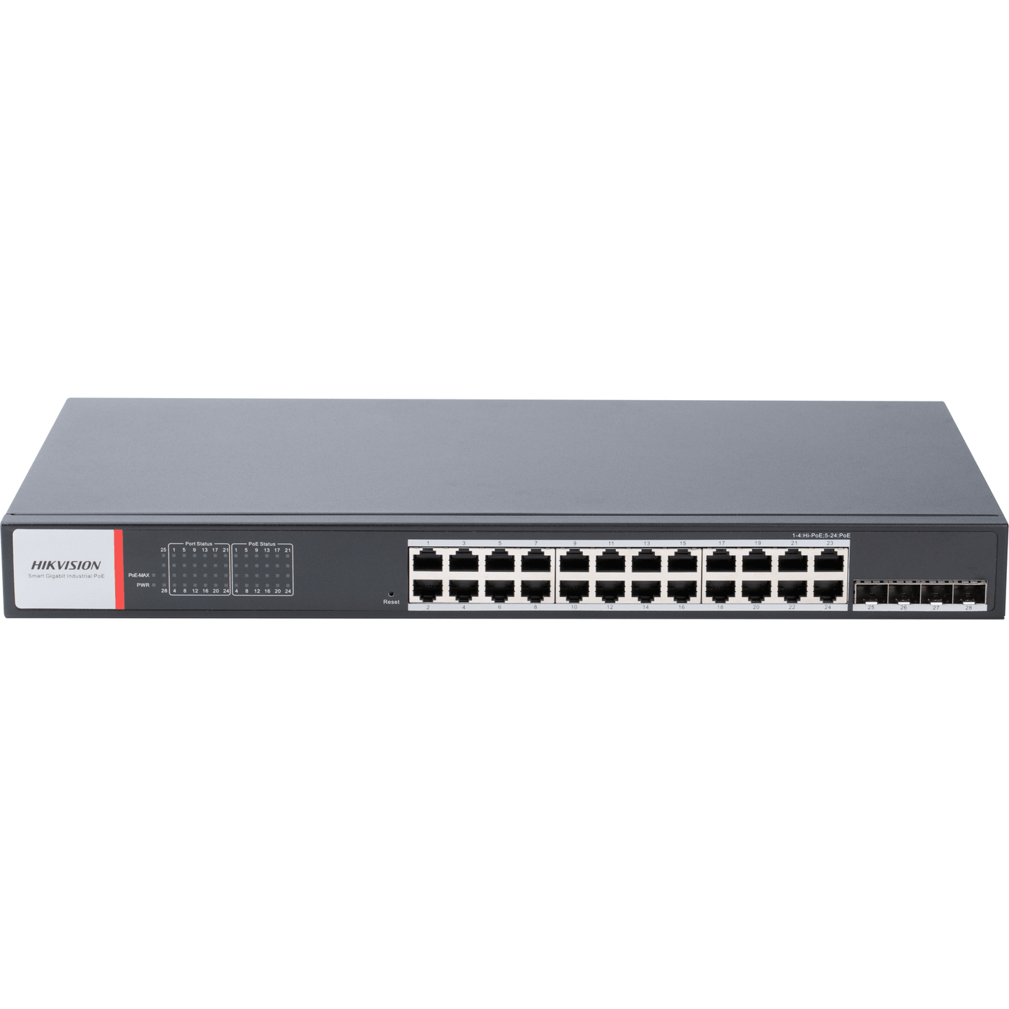 DS-3T1528HP-SI-24P4F - Switch Gigabit PoE+ / Administrable / 24 Puertos 1000 Mbps PoE+ / 4 Puertos SFP / Configuración Nube Hik-PartnerPro / Modo Extendido hasta 300 Metros / 370 W