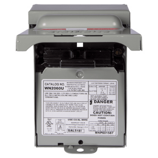 WN2060U - Interruptor de seguridad 2x60Amp. Nema 3R, Sin Portafusible