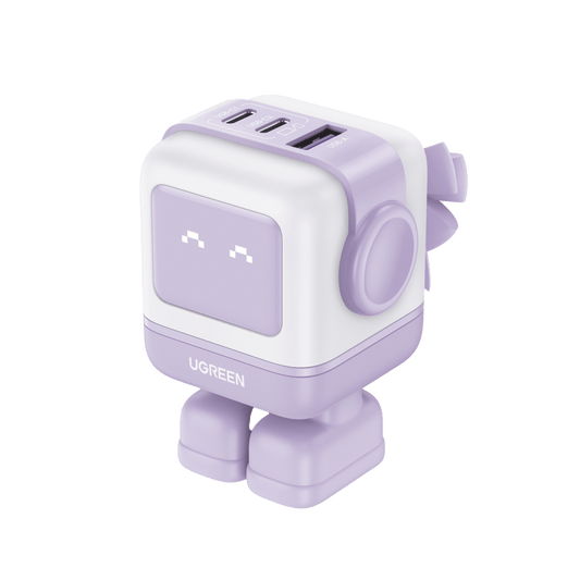 35314B - Cargador RobotGaN de 65W Serie UNO | 3 Puertos de Carga R�pida | 2 USB-C | 1 USB-A | PD 3.0 | QC 4.0 | Carga Inteligente | Tecnolog�a GaN II | Zapato Magn�tico Extra�ble | Carcasa Ign�fuga | Pantalla LED