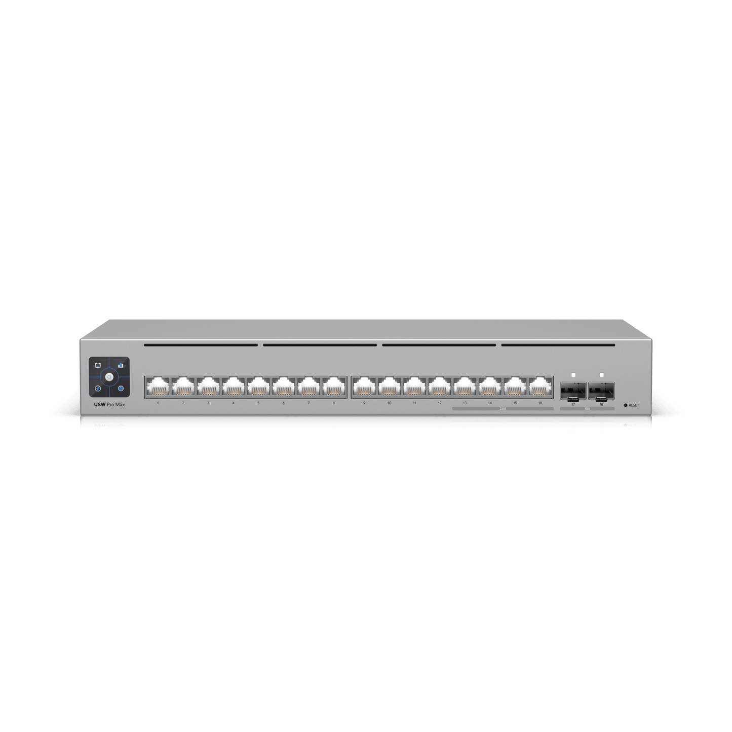 USW-PRO-MAX-16 - UniFi Switch Pro Max 16 con funciones Capa 3, 16 puertos EtherLight RGB / (4) puertos 2.5 GbE y (12) puertos GbE /(2) puertos SFP+ 10G /con pantalla táctil informativa