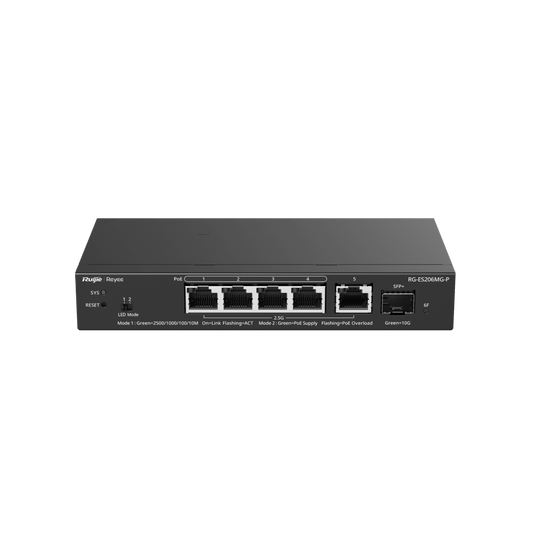 RG-ES206MG-P - Switch Administrable Capa2 PoE+ con 5 puertos Multi-Gigabit 2.5Gb, hasta 70w PoE