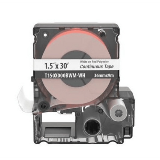 T150X000BWM-WH - Casete de Etiquetas de Poliéster de Cinta Continua, Color Blanco Sobre Rojo, Uso Interior/Exterior, 35.8 mm de Ancho x 9 Metros de Largo (29.53 pies)