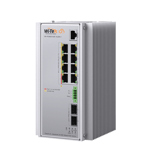 WI-PCMS310GF-ALIEN-I - Switch Industrial Administrable Gigabit con 2 Puertos PoE bt + 6 Puertos PoE af/at o 24 V Pasivo + 2 SFP Gigabit, 240 W