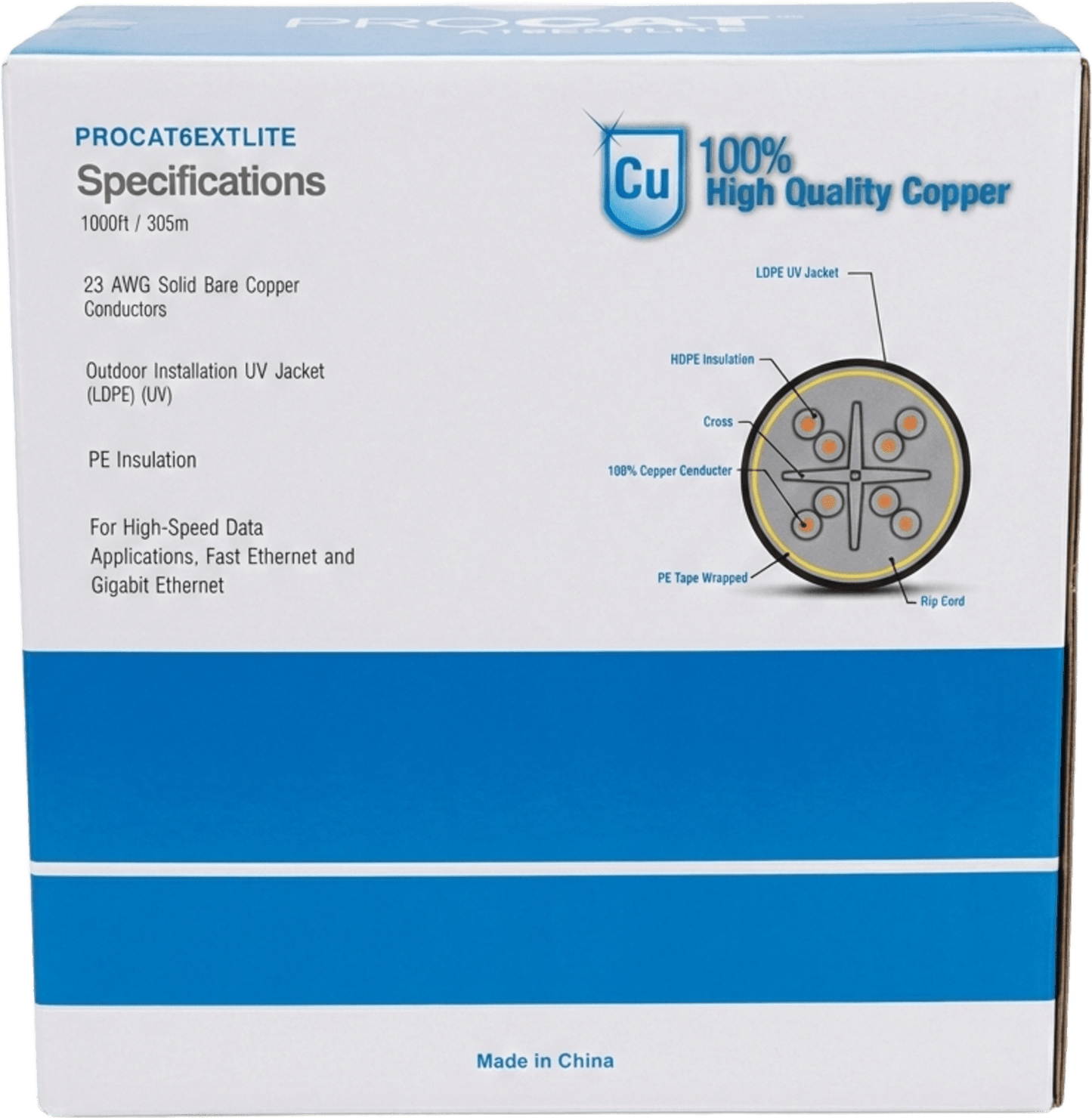 PRO-CAT-6-EXT-LITE - Bobina de Cable 305 Metros (1000 Pies) Cat6+ Calibre 23, Climas Extremos, Color Negro, Sin Blindar, para Intemperie.