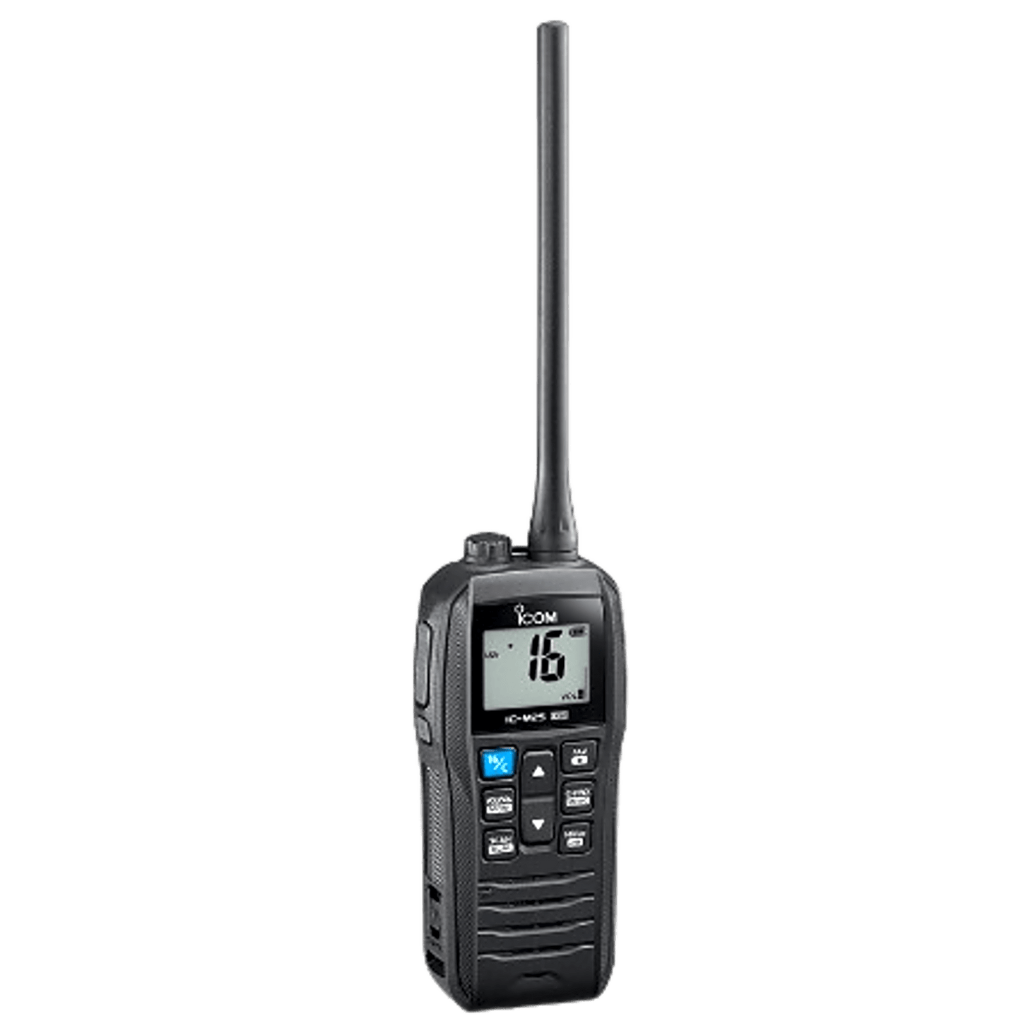 IC-M25EVOB - Radio portátil marino color negro/  5 W de potencia RF / 0.5 W de salida de audio / flotante, sumergible IPX7 / Tx: 156.025-157.425MHz, Rx: 156.050-163.275MHz / Incluye: batería de 1500mAh, cargador, antena clip y correa de mano