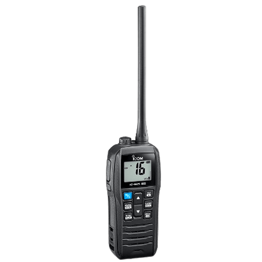 IC-M25EVOB - Radio portátil marino color negro/  5 W de potencia RF / 0.5 W de salida de audio / flotante, sumergible IPX7 / Tx: 156.025-157.425MHz, Rx: 156.050-163.275MHz / Incluye: batería de 1500mAh, cargador, antena clip y correa de mano