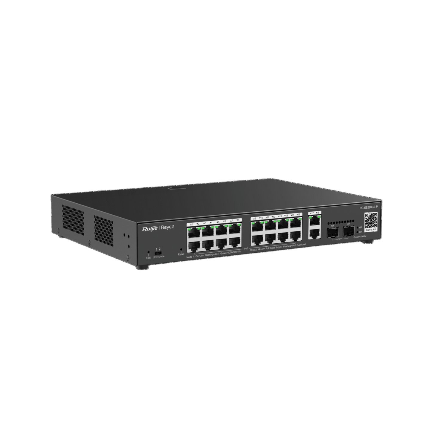 RG-ES220GS-P - Switch L2 Administrable PoE con 16 puertos Gigabit PoE 802.3af/at + 2 SFP para fibra 1Gb, gestión gratuita desde la nube, 240w