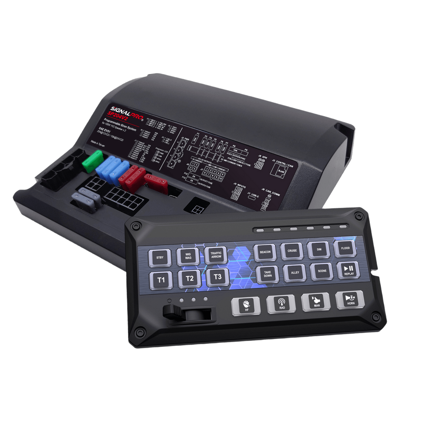 SP204RV2 - Sirena Vehicular de 200W de Potencia, Programable, Con Controlador de Panel Deslizante de 19 botones, indicador de flecha de tráfico de 6 LED, 12 Salidas Auxiliares
