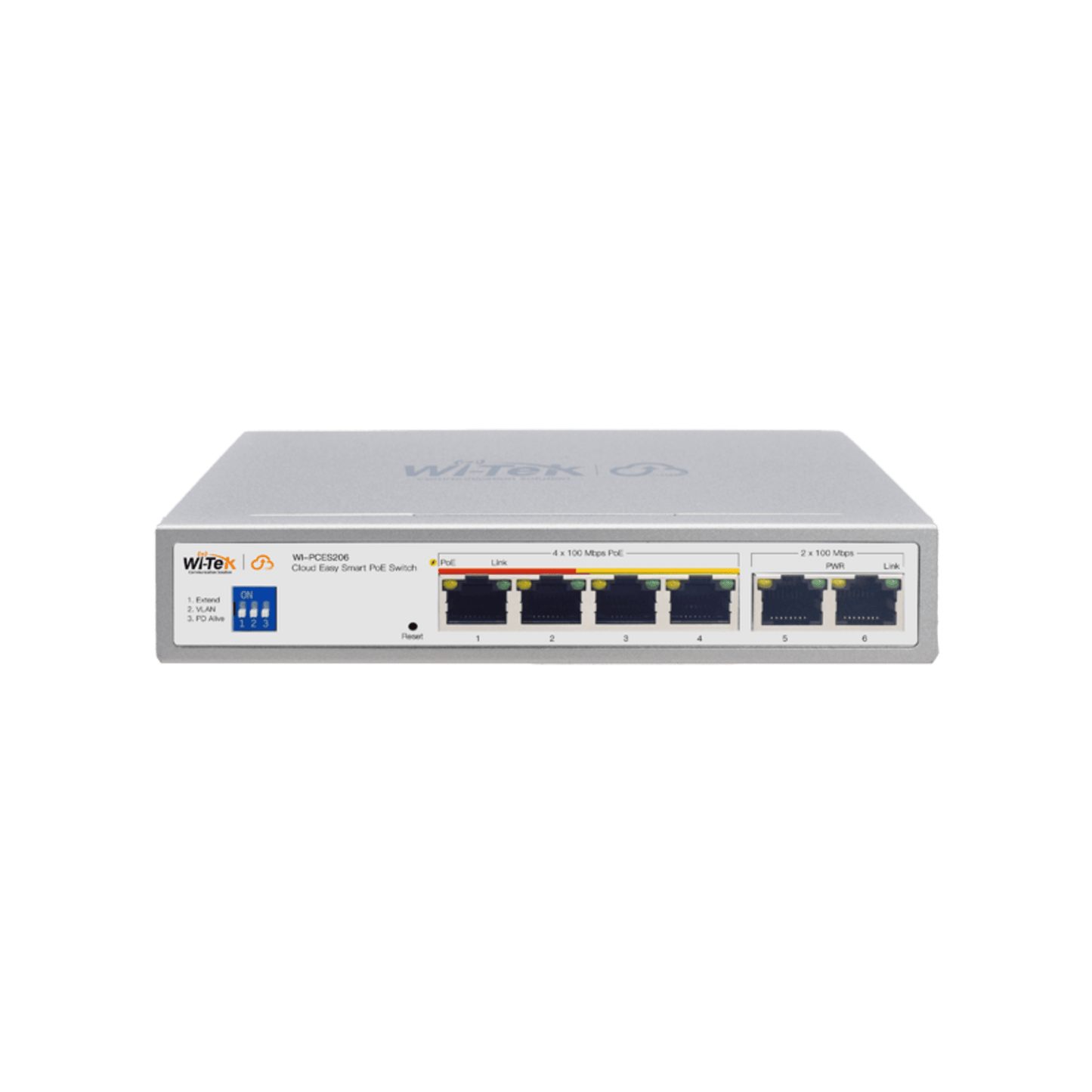 WI-PCES206 - Switch PoE / Administración en la nube / Con 4 puertos 10/100 Mbsp PoE af/at / 2 Puertos Uplink 10/100 MBPS /  Presupuesto 60 W / PoE hasta 250 metros / Soporta protocolo ONVIF