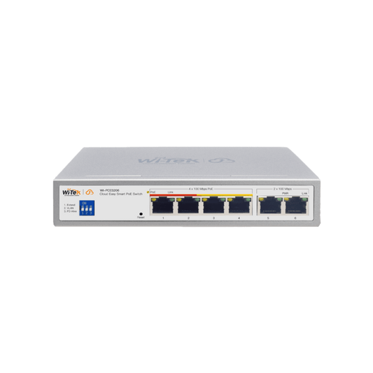 WI-PCES206 - Switch PoE / Administración en la nube / Con 4 puertos 10/100 Mbsp PoE af/at / 2 Puertos Uplink 10/100 MBPS /  Presupuesto 60 W / PoE hasta 250 metros / Soporta protocolo ONVIF